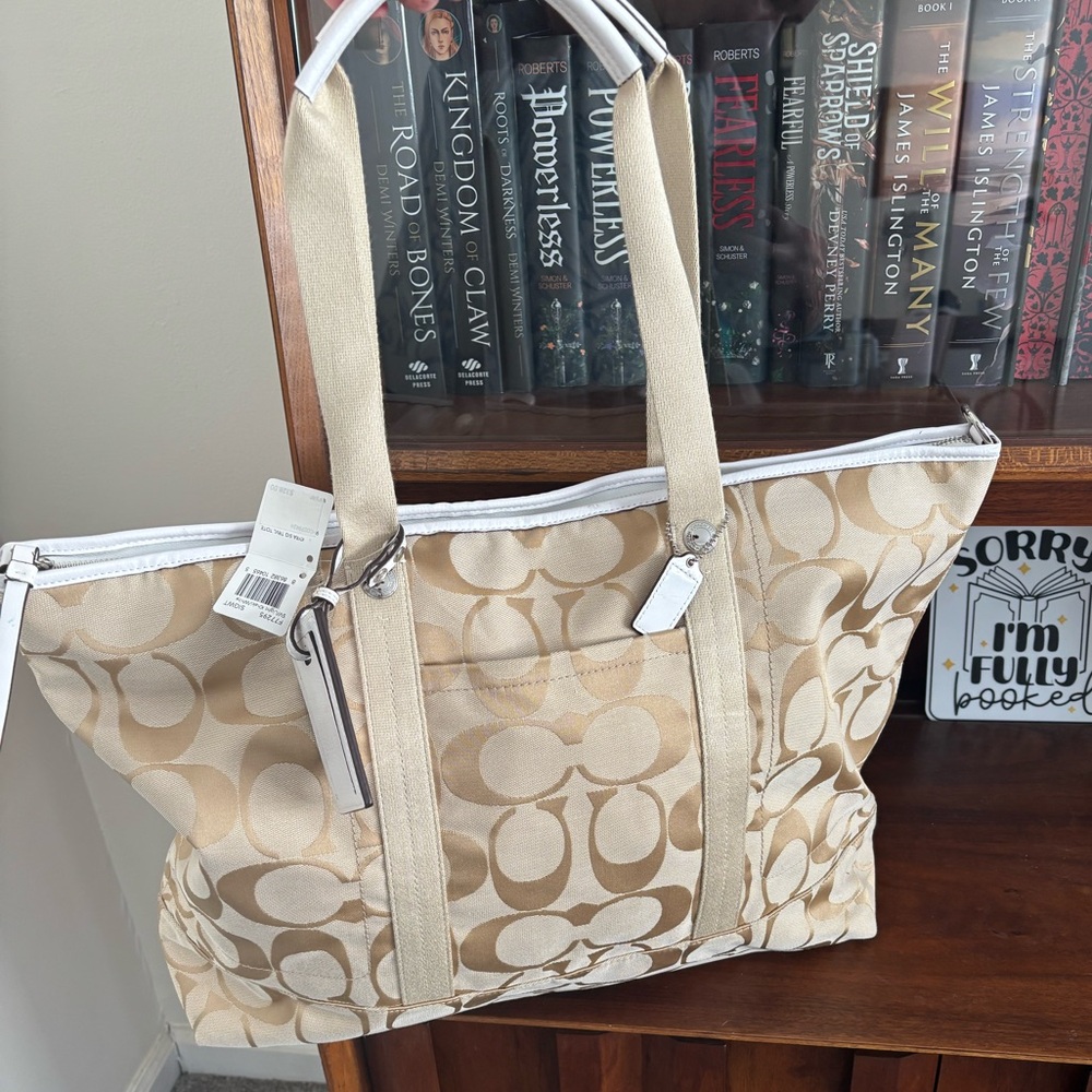 Coach Beige Signature Canvas Tote with White Trim